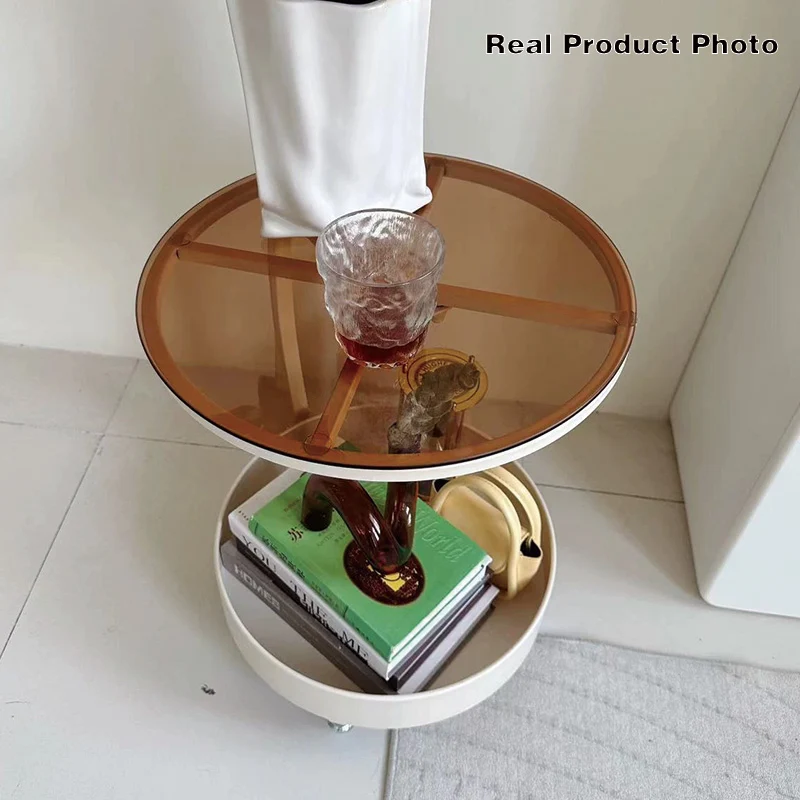 Contemporary Scandinavian Tempered Glass Slab Round Movable Side Table With 2-Tier Storage For Living Room And Bedroom
