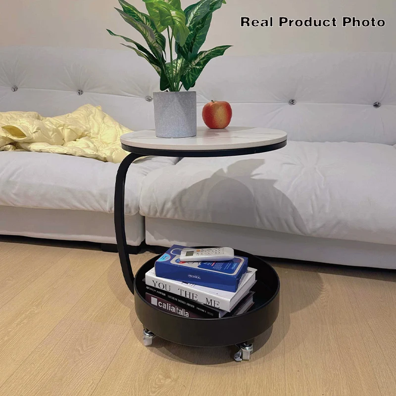Contemporary Scandinavian Tempered Glass Slab Round Movable Side Table With 2-Tier Storage For Living Room And Bedroom