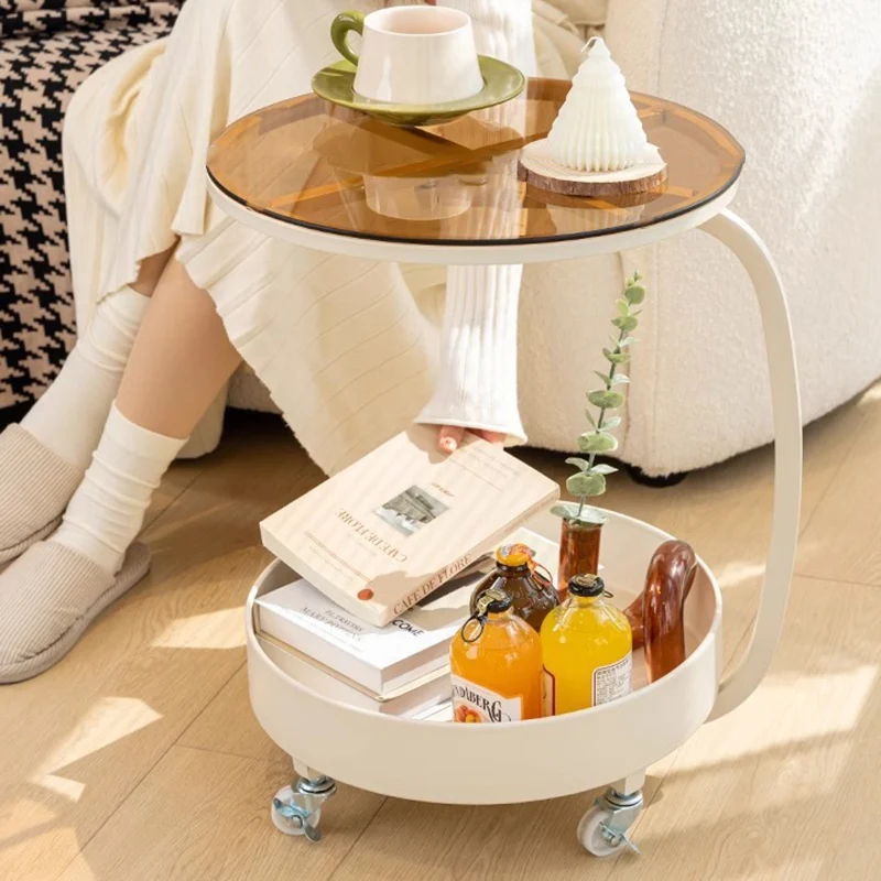 Contemporary Scandinavian Tempered Glass Slab Round Movable Side Table With 2-Tier Storage For Living Room And Bedroom