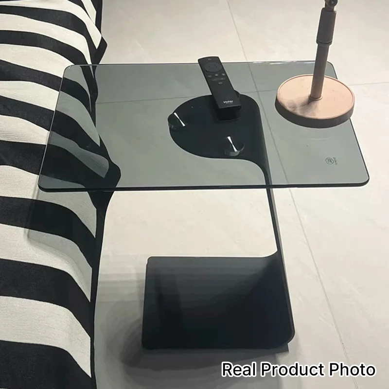 Modern Minimalist Tempered Glass & Carbon Steel Rectangular C-Shaped End Table With 2-Tier Design For Living Room And Bedroom
