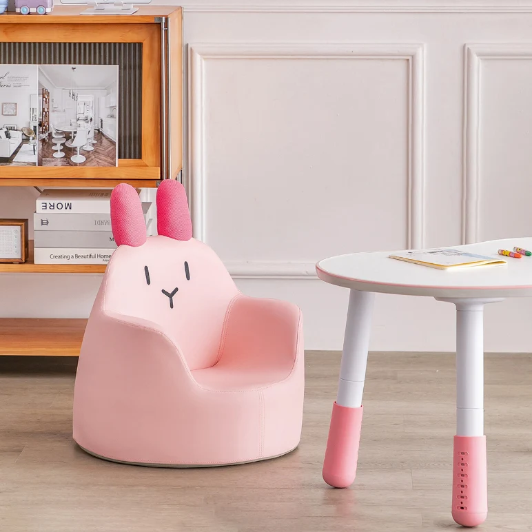 Modern Art Deco Wood Faux Leather Animal-Shaped Kids Chair With Backrest & Armrest For Bedroom & Living Room