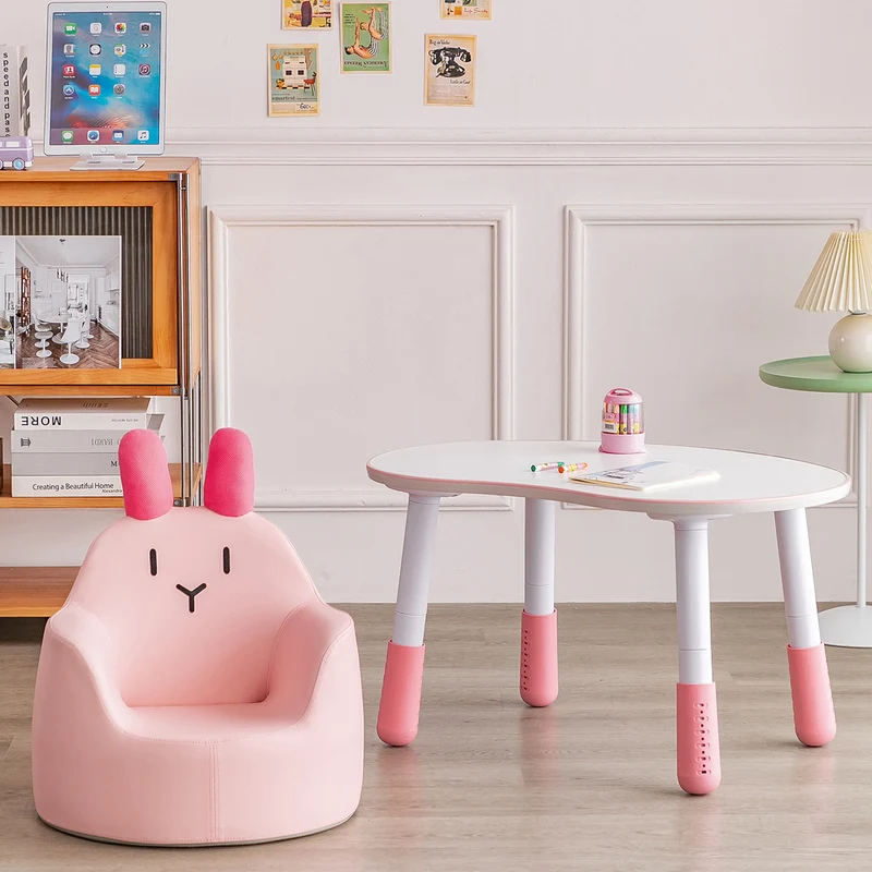 Modern Art Deco Wood Faux Leather Animal-Shaped Kids Chair With Backrest & Armrest For Bedroom & Living Room