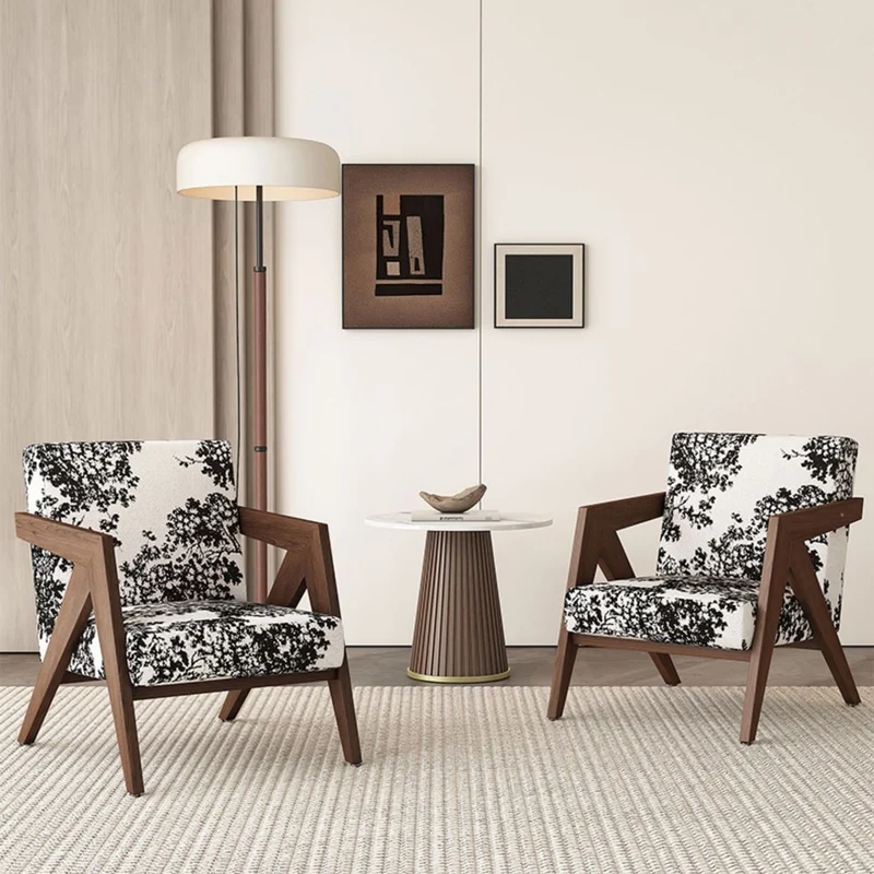 Traditional Chinese Rubber Wood Linen Fabric Velvet Square Accent Chair With Backrest Armrest For Living Room