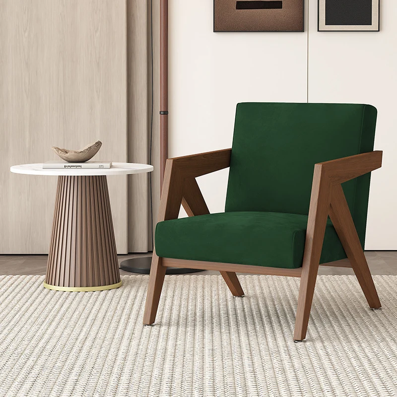 Traditional Chinese Rubber Wood Linen Fabric Velvet Square Accent Chair With Backrest Armrest For Living Room