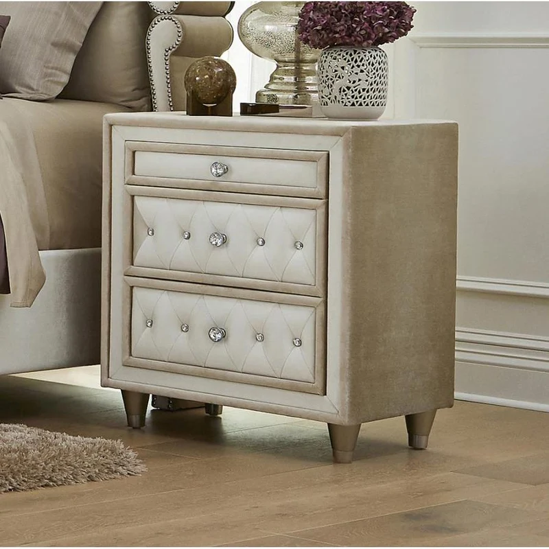 Coaster Furniture Antonella 223522 Upholstered 3-Drawer Nightstand - Ivory and Camel
