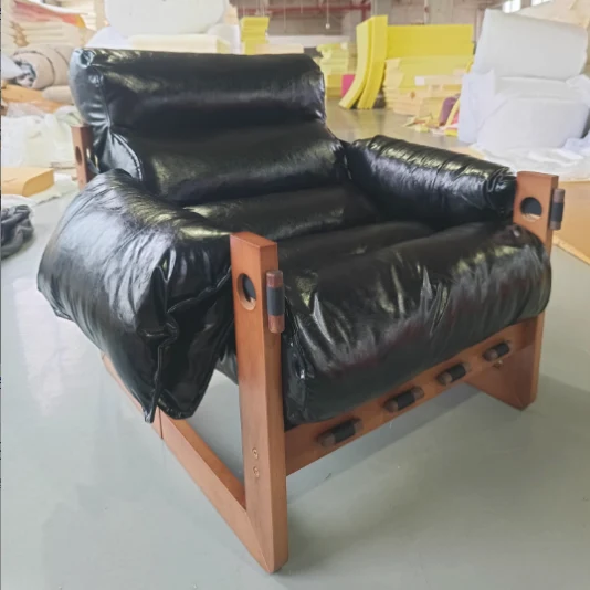 Traditional Chinese Faux Oil-Wax Leather Solid Wood Square-Rounded Accent Chair With Backrest Armrest For Living Room