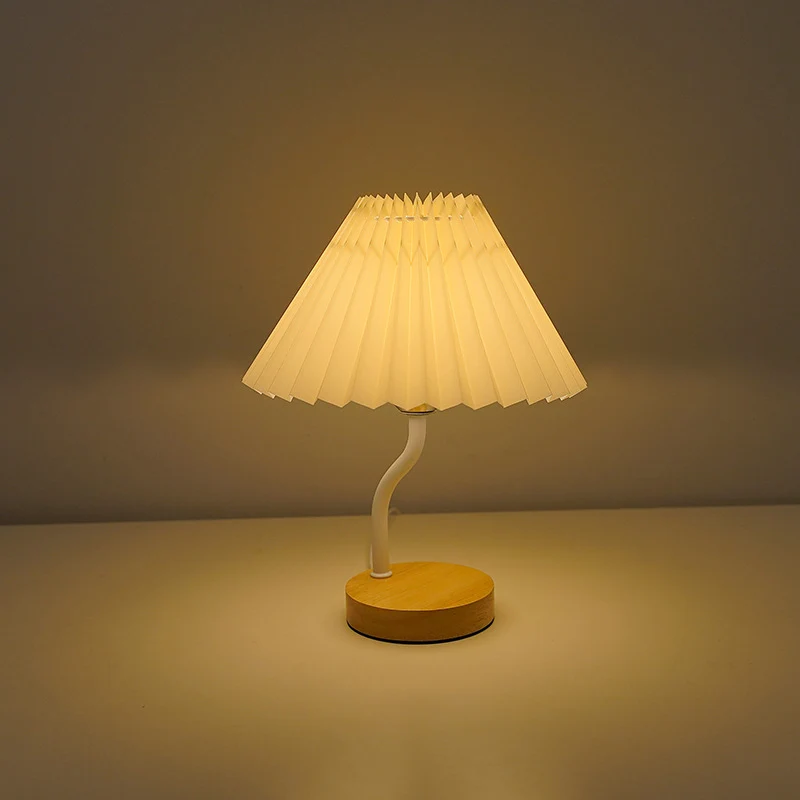 Modern Art Deco Pleated Floral Print Conical Fabric Shade Solid Wood Built-In Shelf Base LED Table Lamp Night Light For Bedroom