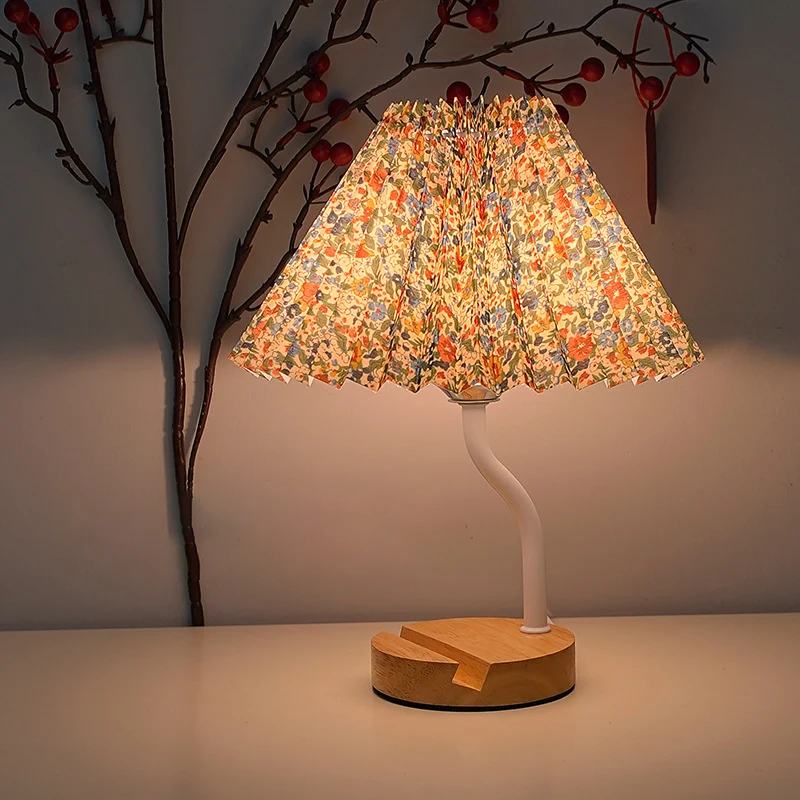 Modern Art Deco Pleated Floral Print Conical Fabric Shade Solid Wood Built-In Shelf Base LED Table Lamp Night Light For Bedroom