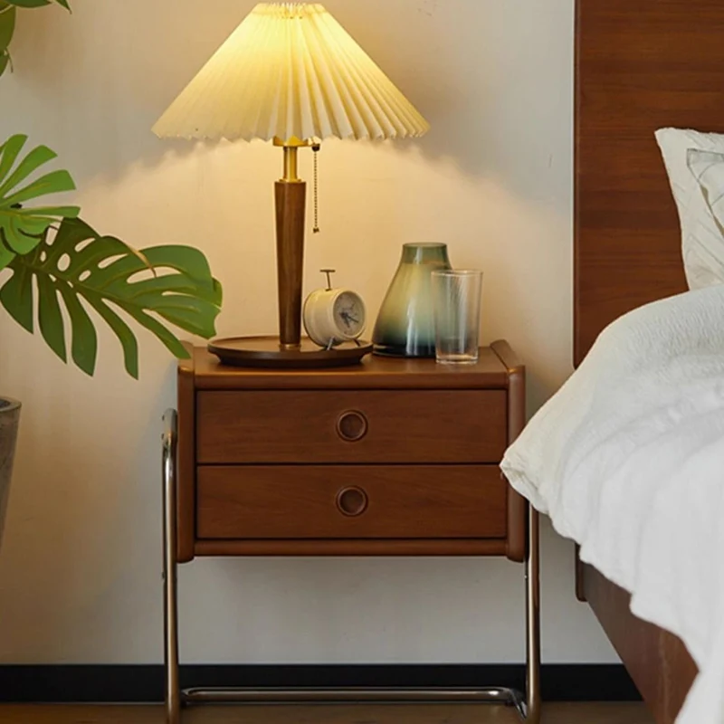 Contemporary Retro Rectangular Oak Wood Stainless Steel Frame Nightstand 2-Drawer For Bedroom