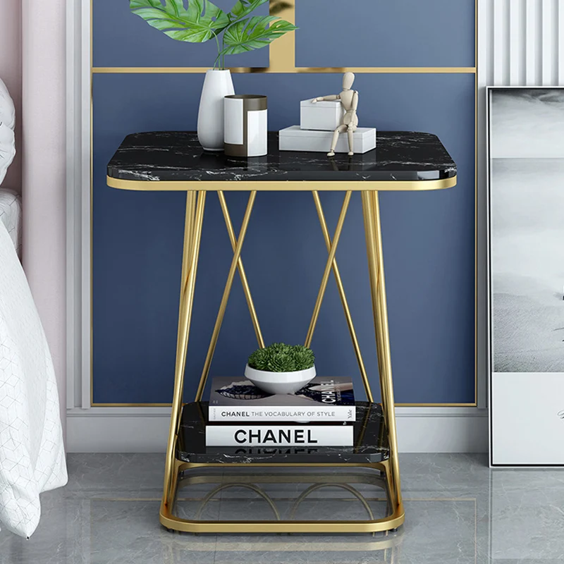 Contemporary Simplicity Square Sintered Stone Top Iron Frame End Table 2-Tier Storage Shelves For Living Room