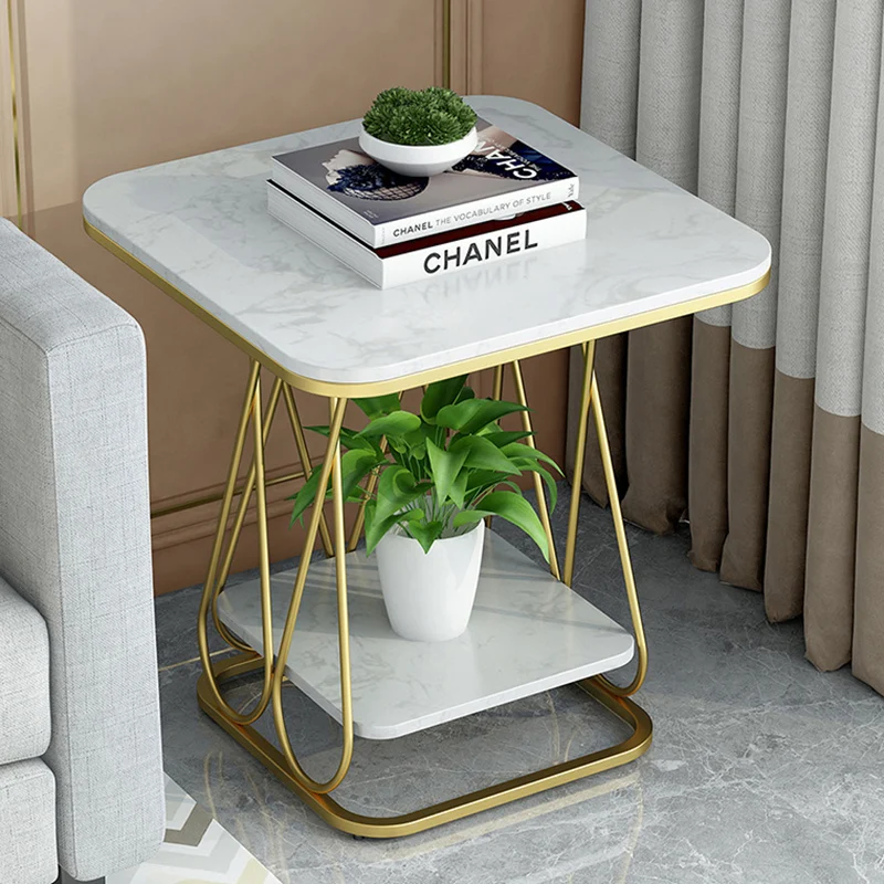 Contemporary Simplicity Square Sintered Stone Top Iron Frame End Table 2-Tier Storage Shelves For Living Room