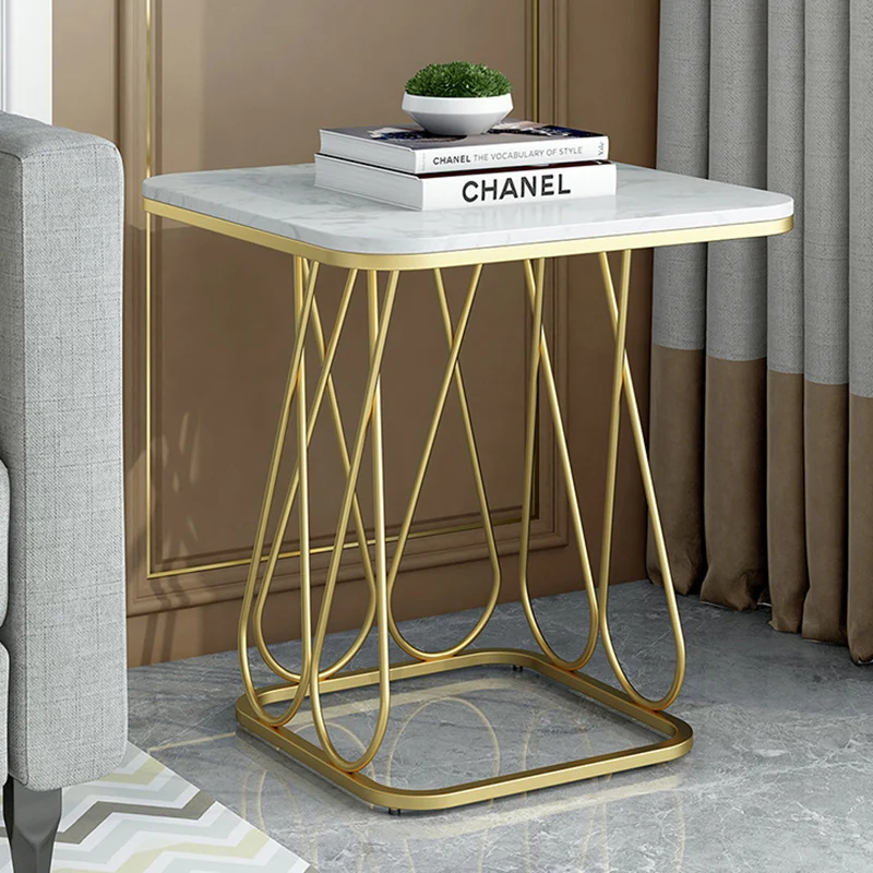 Contemporary Simplicity Square Sintered Stone Top Iron Frame End Table 2-Tier Storage Shelves For Living Room