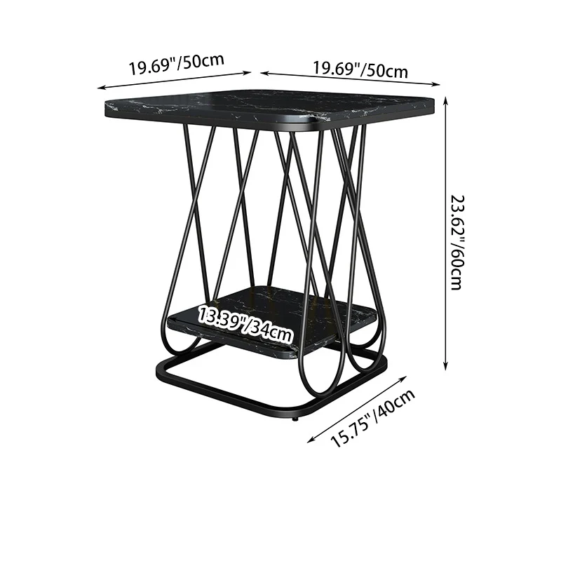 Contemporary Simplicity Square Sintered Stone Top Iron Frame End Table 2-Tier Storage Shelves For Living Room