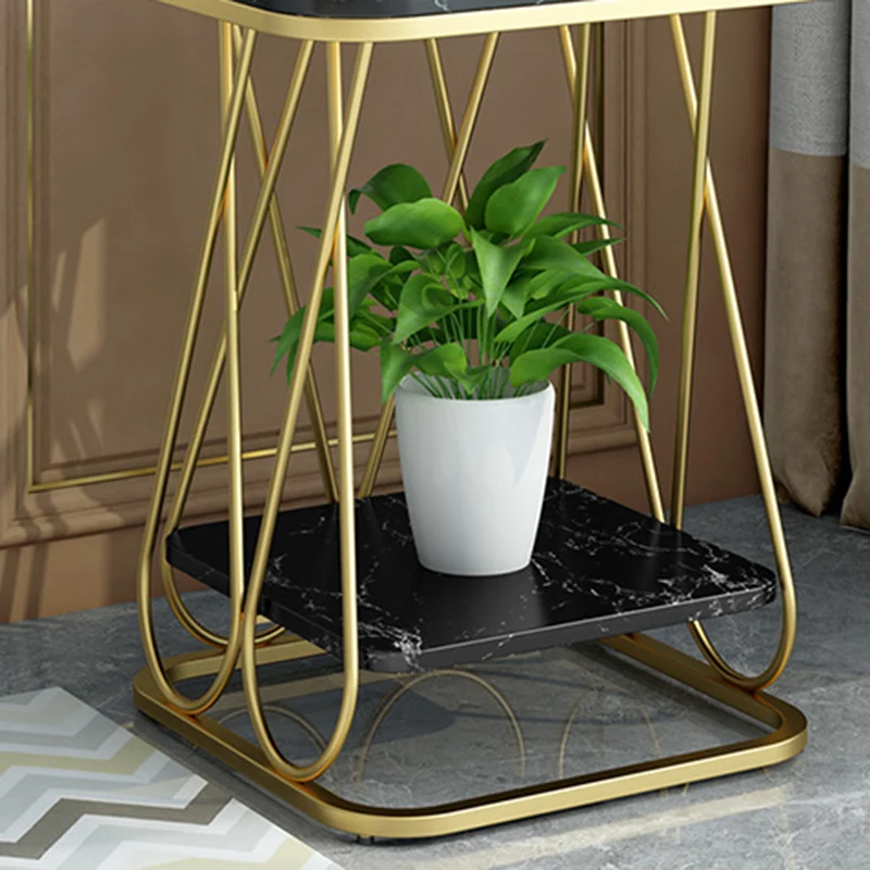 Contemporary Simplicity Square Sintered Stone Top Iron Frame End Table 2-Tier Storage Shelves For Living Room