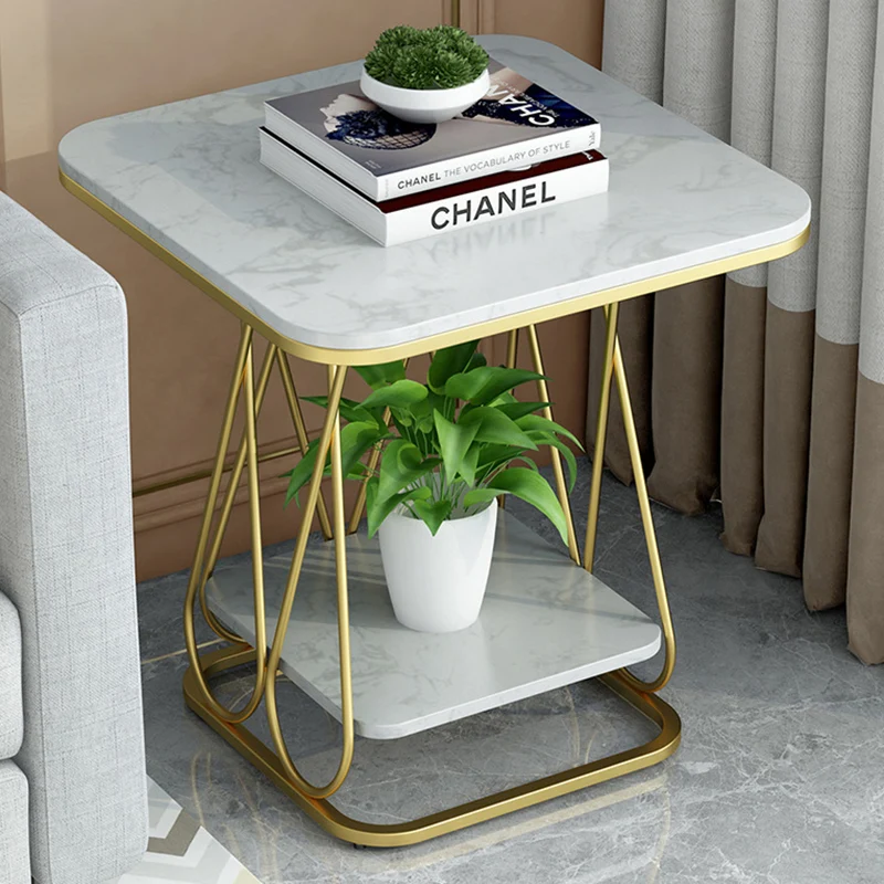 Contemporary Simplicity Square Sintered Stone Top Iron Frame End Table 2-Tier Storage Shelves For Living Room