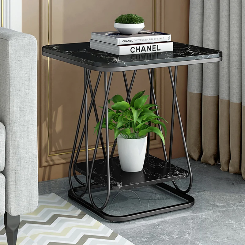 Contemporary Simplicity Square Sintered Stone Top Iron Frame End Table 2-Tier Storage Shelves For Living Room