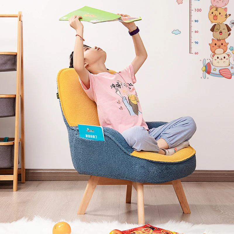 Modern Minimalist Teddy Velvet & Wood Curved Sofa Chair With Foldable Backrest For Kids Bedroom & Living Room