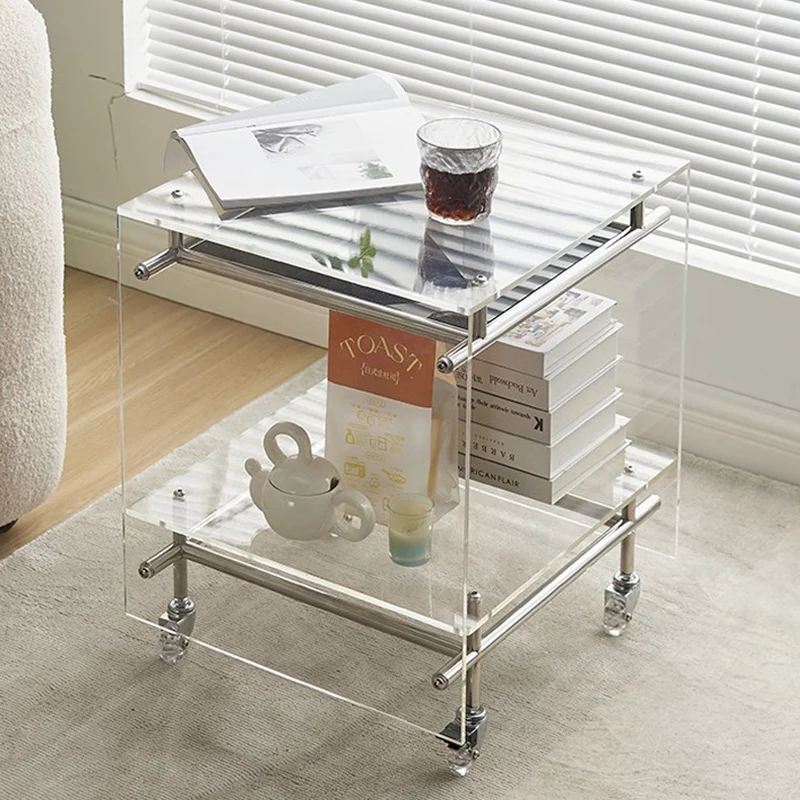 Contemporary Nordic Acrylic And Stainless Steel Square Movable Side Table With 2 Tiers For Living Room And Bedroom