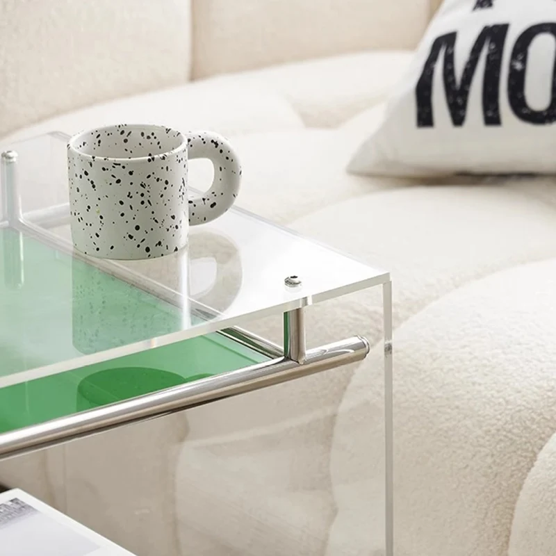 Contemporary Nordic Acrylic And Stainless Steel Square Movable Side Table With 2 Tiers For Living Room And Bedroom