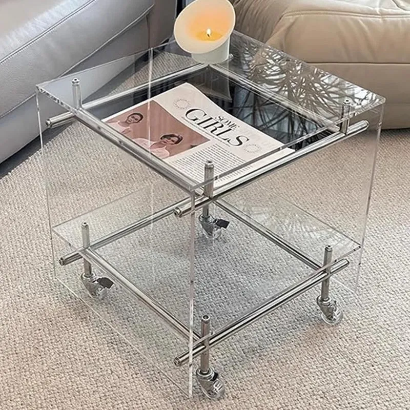 Contemporary Nordic Acrylic And Stainless Steel Square Movable Side Table With 2 Tiers For Living Room And Bedroom