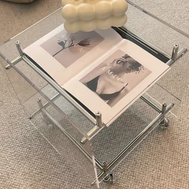 Contemporary Nordic Acrylic And Stainless Steel Square Movable Side Table With 2 Tiers For Living Room And Bedroom