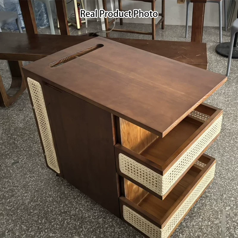 Contemporary Retro Rattan Pine Red Oak & Cherry Wood Rectangular Bus Movable Side Table With 4 Shelves & 2 Cabinets For Living Room And Bedroom