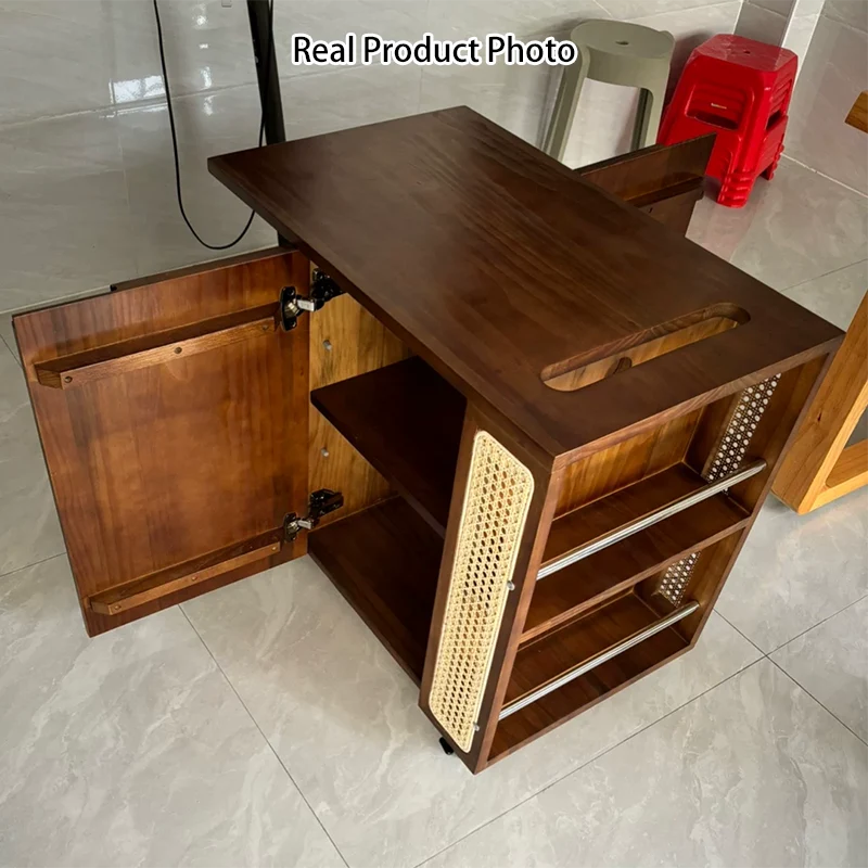 Contemporary Retro Rattan Pine Red Oak & Cherry Wood Rectangular Bus Movable Side Table With 4 Shelves & 2 Cabinets For Living Room And Bedroom