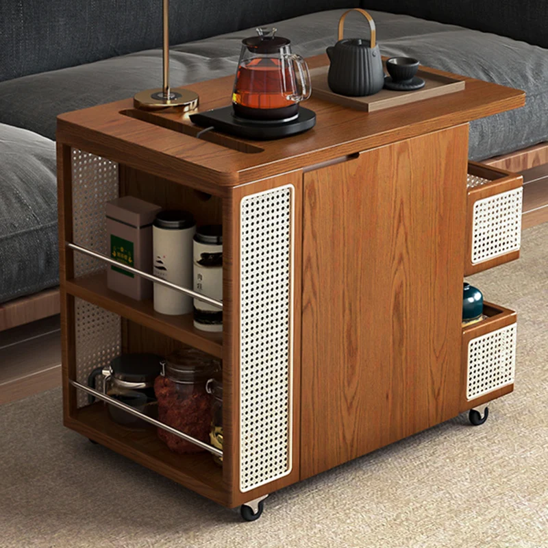 Contemporary Retro Rattan Pine Red Oak & Cherry Wood Rectangular Bus Movable Side Table With 4 Shelves & 2 Cabinets For Living Room And Bedroom
