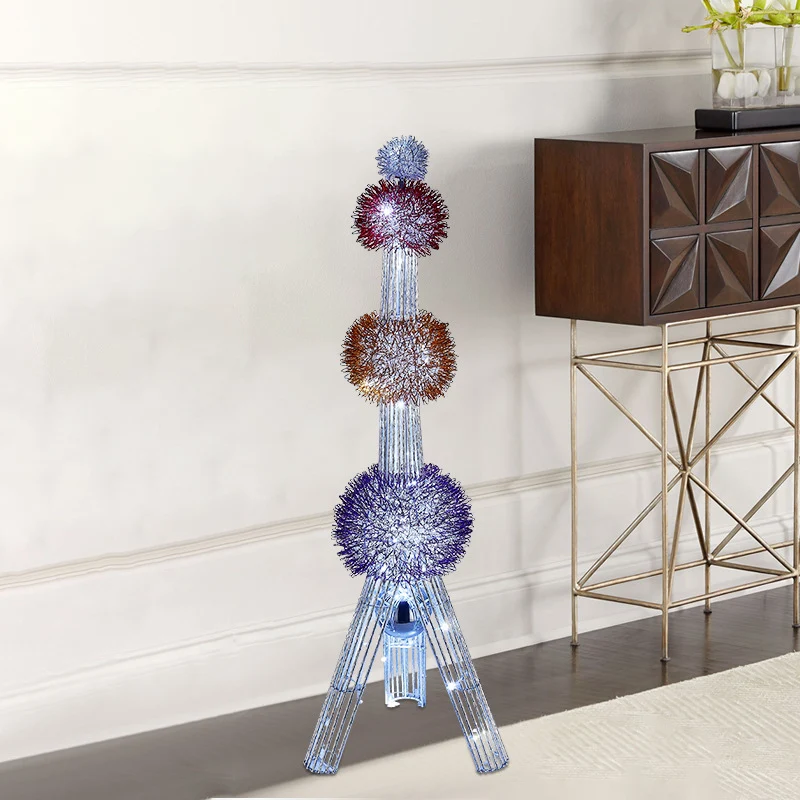 Contemporary Creative Weaving Aluminum Wire Tower & Floral Ball LED Standing Floor Lamp For Bedroom & Living Room
