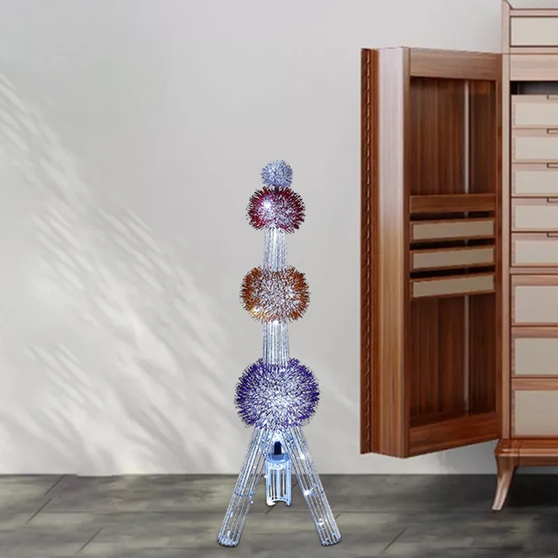 Contemporary Creative Weaving Aluminum Wire Tower & Floral Ball LED Standing Floor Lamp For Bedroom & Living Room