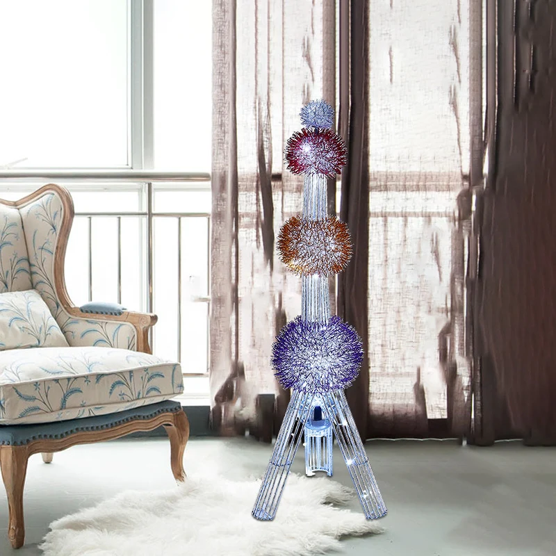Contemporary Creative Weaving Aluminum Wire Tower & Floral Ball LED Standing Floor Lamp For Bedroom & Living Room