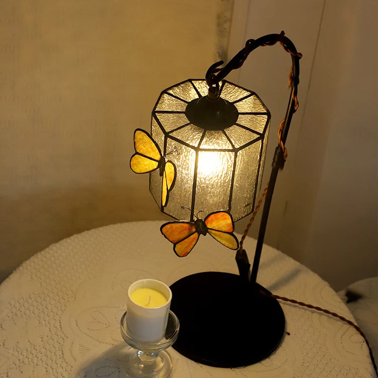 Traditional Vintage Butterfly Prismatic Metal Glass 1-Light Table Lamp For Bedroom