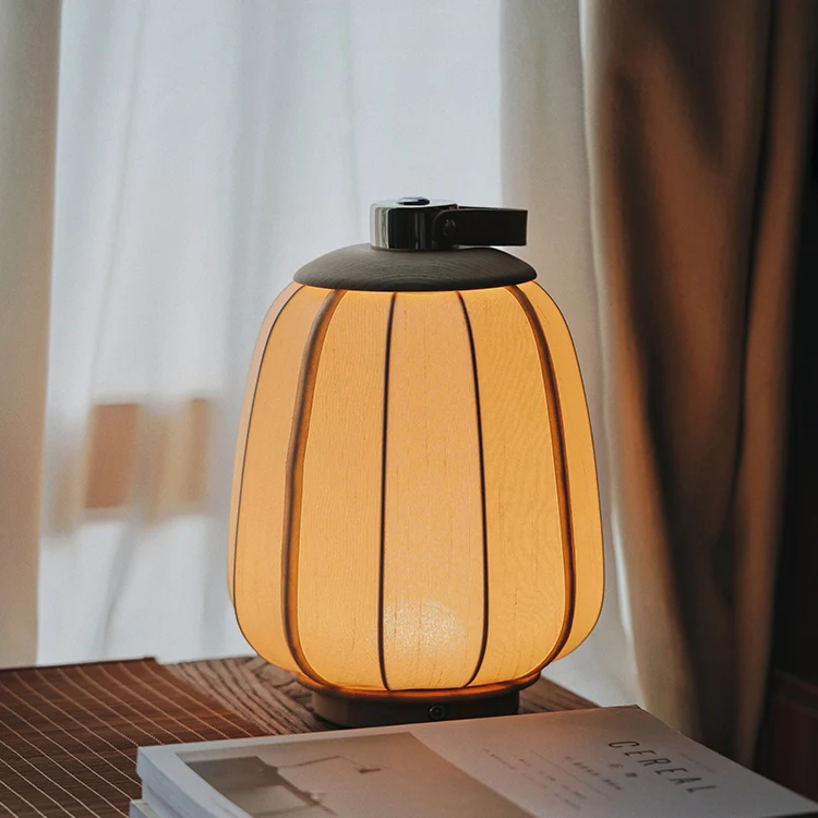 Traditional Japanese Portable Round Lantern Wood Silk Fabric Stainless Steel LED Table Lamp For Living Room