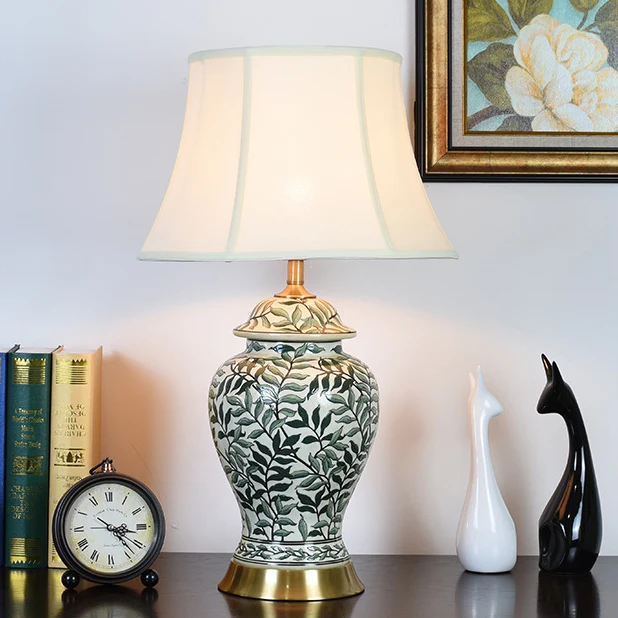 Contemporary Retro Lotus Leaves Pattern Ceramic Copper Linen 1-Light Table Lamp For Bedroom