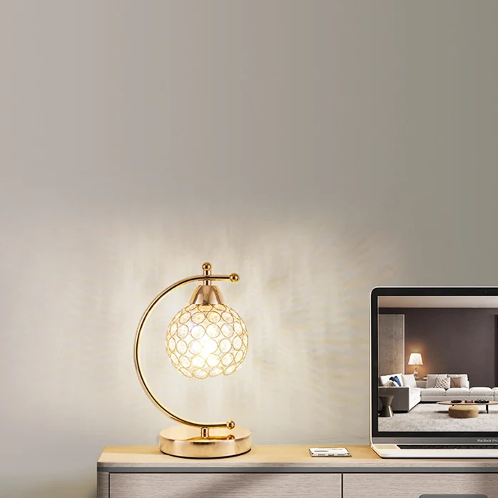 Modern Luxury Crystal Iron Round 1-Light Table Lamp For Bedroom