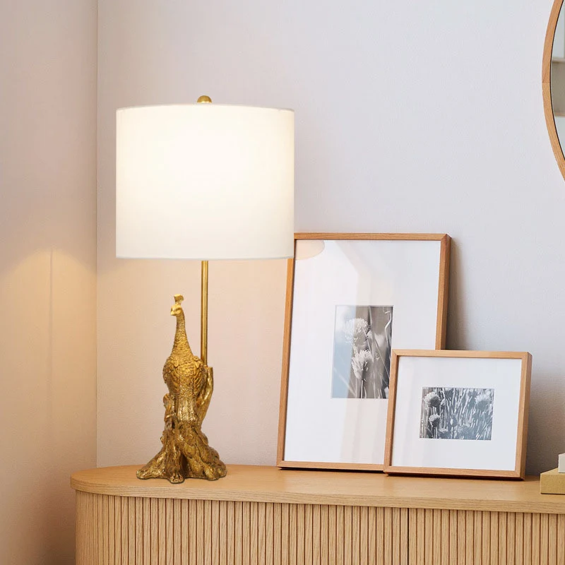 Traditional Vintage Cylindrical Peacock Resin Gold Foil Fabric 1-Light Table Lamp For Bedroom