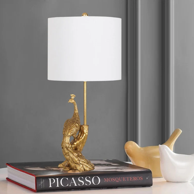 Traditional Vintage Cylindrical Peacock Resin Gold Foil Fabric 1-Light Table Lamp For Bedroom