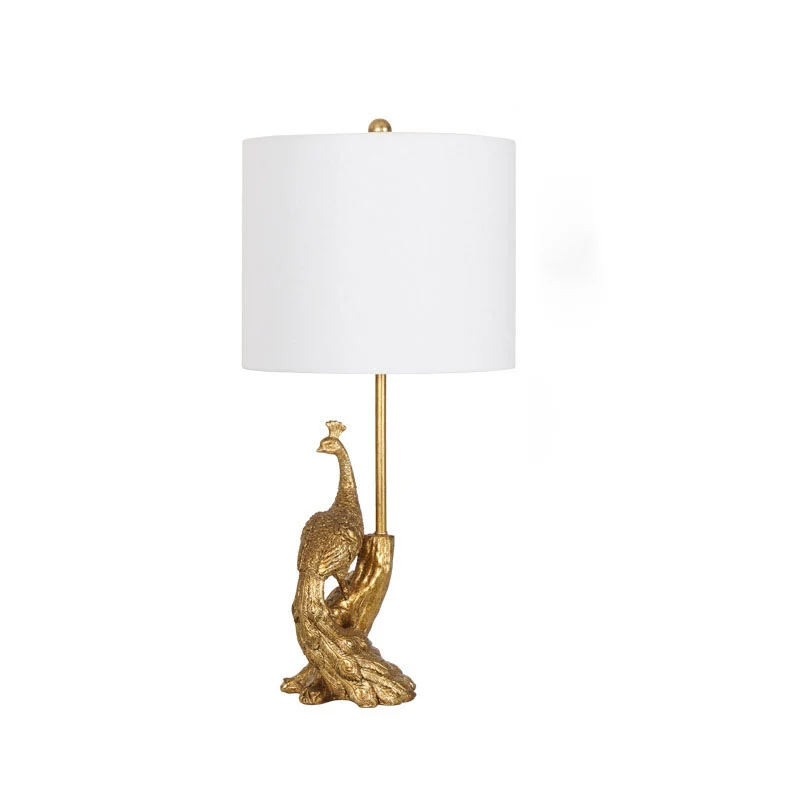 Traditional Vintage Cylindrical Peacock Resin Gold Foil Fabric 1-Light Table Lamp For Bedroom