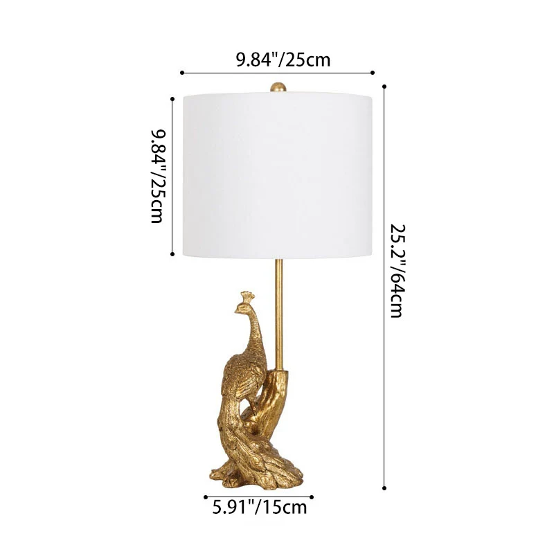 Traditional Vintage Cylindrical Peacock Resin Gold Foil Fabric 1-Light Table Lamp For Bedroom