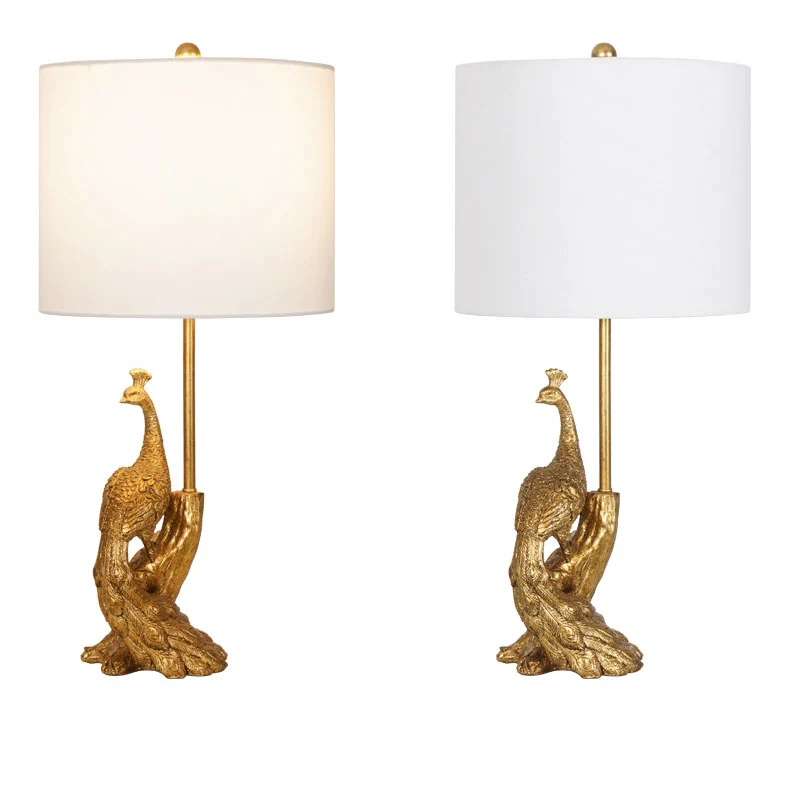 Traditional Vintage Cylindrical Peacock Resin Gold Foil Fabric 1-Light Table Lamp For Bedroom