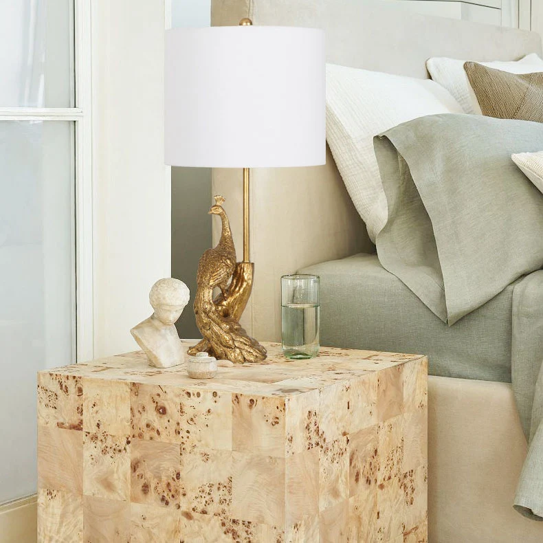Traditional Vintage Cylindrical Peacock Resin Gold Foil Fabric 1-Light Table Lamp For Bedroom