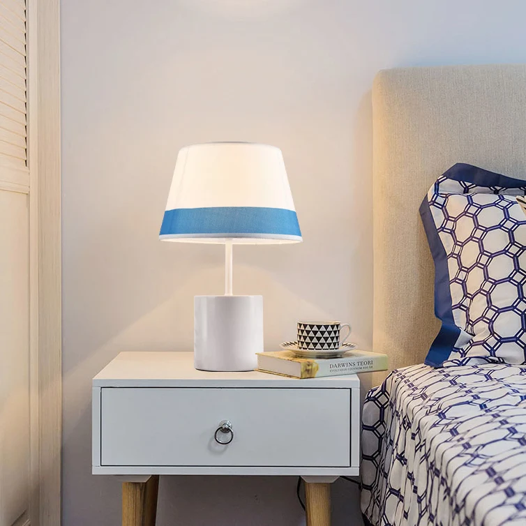 Traditional Farmhouse Fabric Metal Conic Cylinder Base 1-Light Table Lamp For Bedside