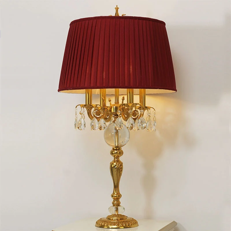 Traditional French Copper Crystal Fabric Cylinder Pleated 5-Light Table Lamp For Bedside