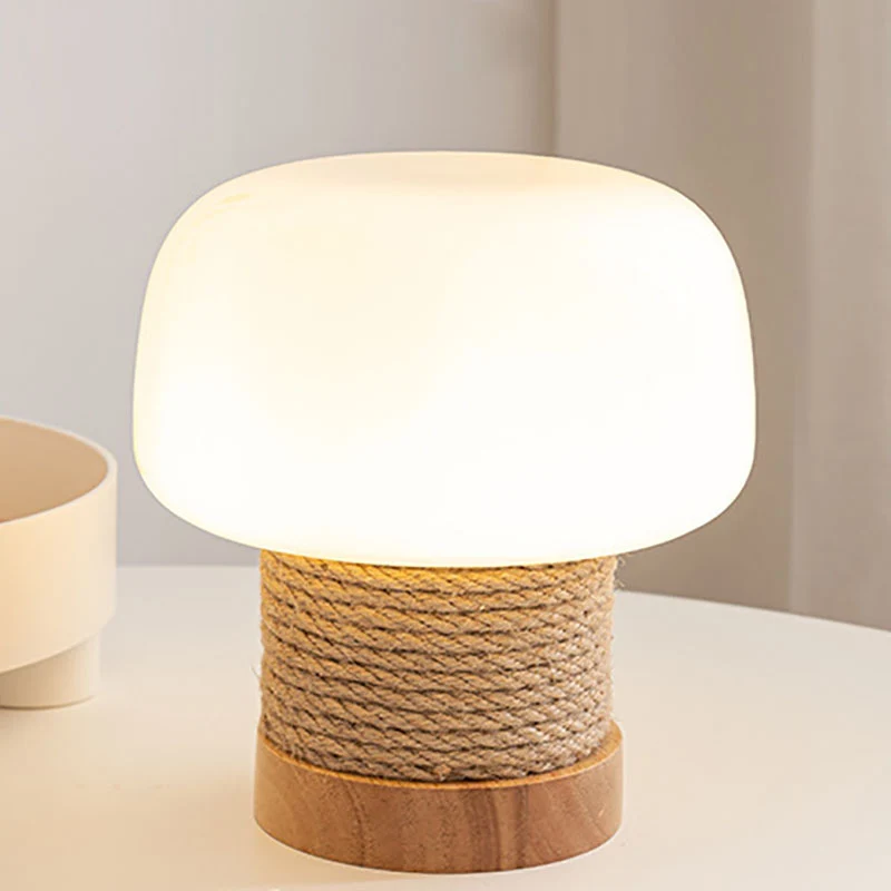 Modern Minimalist Cylinder Mushroom Shape Oak Twine Glass 1-Light Table Lamp For Bedroom