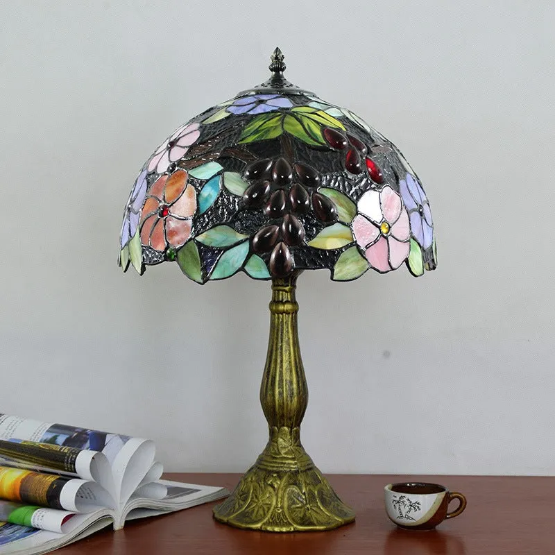 Traditional Tiffany Aluminum Alloy Glass Dome Grape Flower 1-Light Table Lamp For Bedside