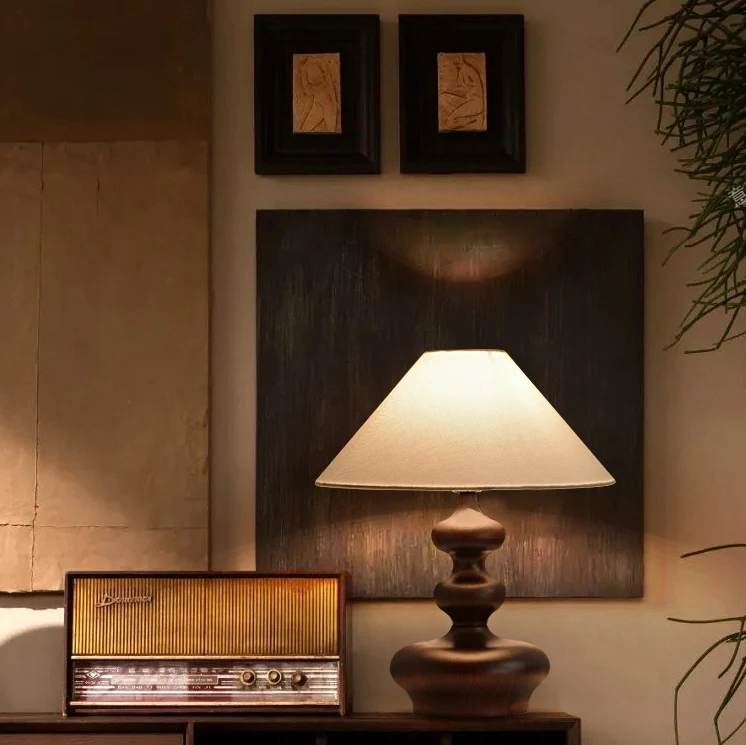 Contemporary Retro Ash Wood Linen Trapezoid Round 1-Light Table Lamp For Bedroom