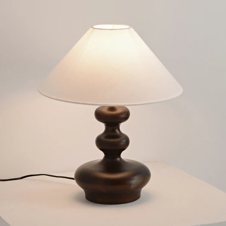 Contemporary Retro Ash Wood Linen Trapezoid Round 1-Light Table Lamp For Bedroom