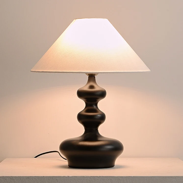 Contemporary Retro Ash Wood Linen Trapezoid Round 1-Light Table Lamp For Bedroom
