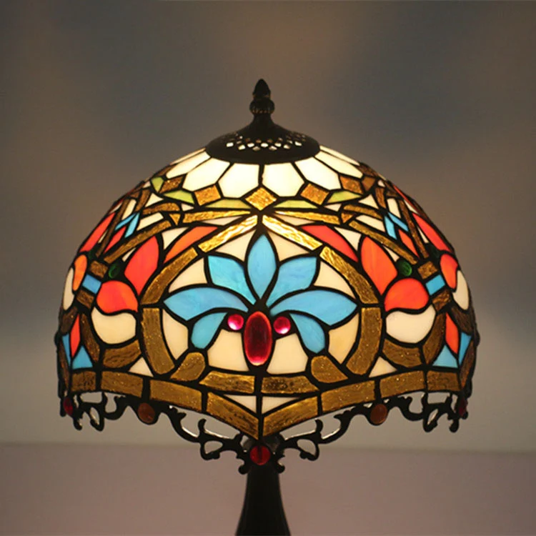 Traditional Tiffany Resin Zinc Alloy Glass Dome Bead 1-Light Table Lamp For Bedside