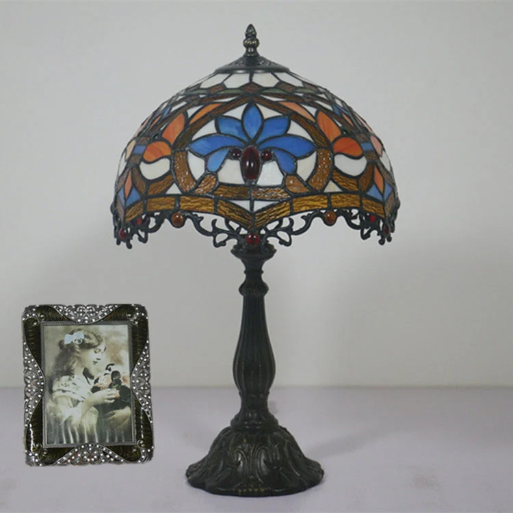 Traditional Tiffany Resin Zinc Alloy Glass Dome Bead 1-Light Table Lamp For Bedside